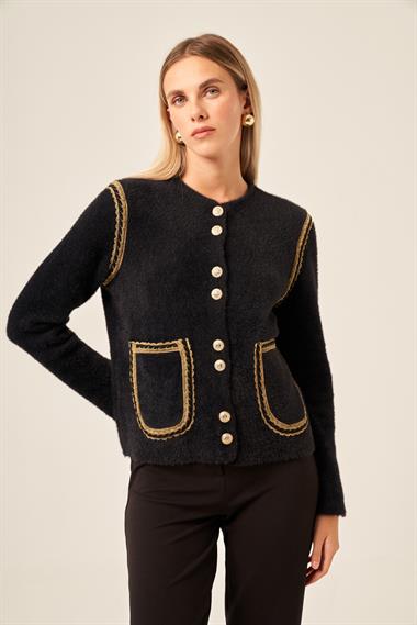 FTZ Women Kadın Sim Şerit Detaylı Hırka  Siyah 25087