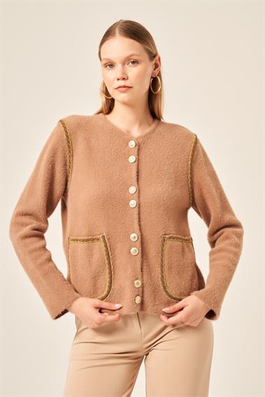 FTZ Women Kadın Sim Şerit Detaylı Hırka  Bisküvi 25087