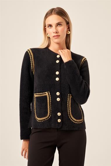 FTZ Women Kadın Sim Şerit Detaylı Hırka  Siyah 25087