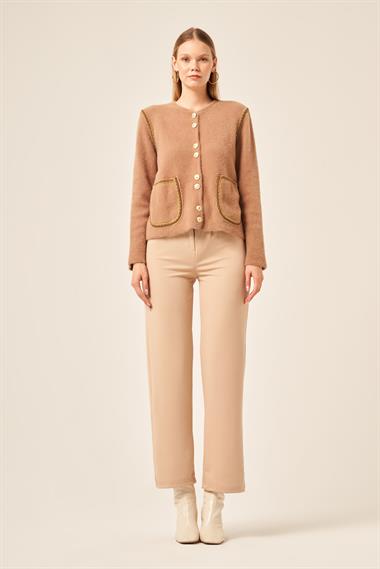 FTZ Women Kadın Sim Şerit Detaylı Hırka  Bisküvi 25087