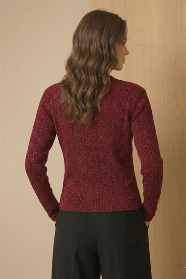 FTZ Women Kadın Simli Saç Örgü Hırka  Bordo 25265