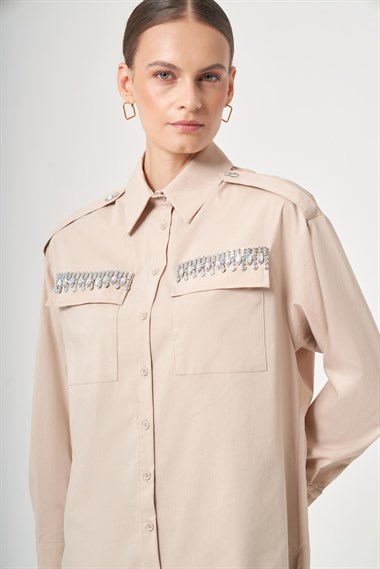 FTZ Women Kadın Taş Detay Gömlek  Beige 31438