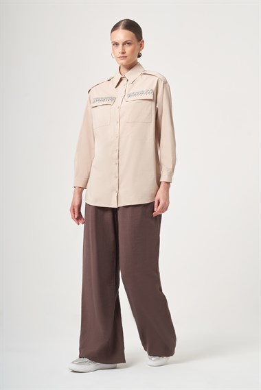 FTZ Women Kadın Taş Detay Gömlek  Beige 31438
