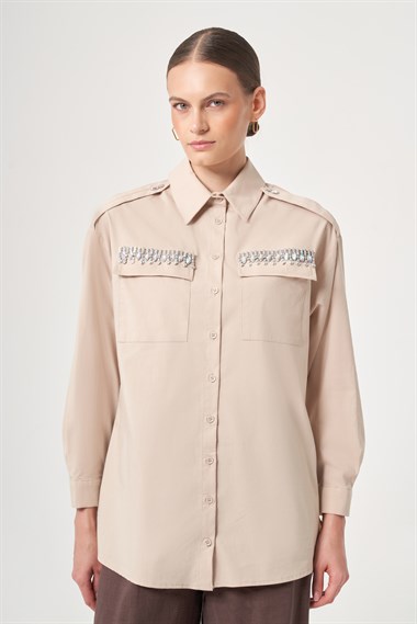 FTZ Women Kadın Taş Detay Gömlek  Beige 31438