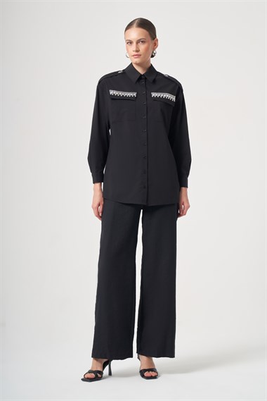 FTZ Women Kadın Taş Detay Gömlek  Siyah 31438