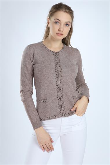 FTZ Women Kadın Taş Detay Hırka  Beige 21-1113