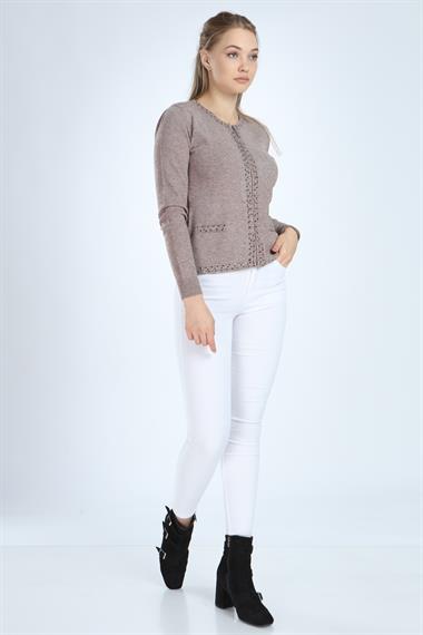 FTZ Women Kadın Taş Detay Hırka  Beige 21-1113