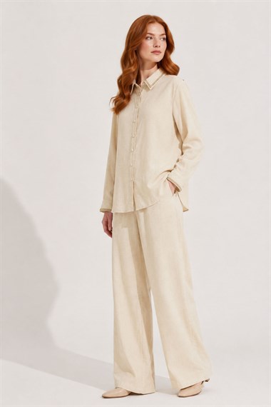FTZ Women Kadın Taş Detay Keten Takım  Beige 31396