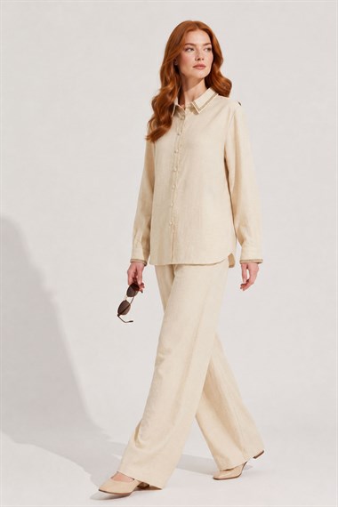 FTZ Women Kadın Taş Detay Keten Takım  Beige 31396