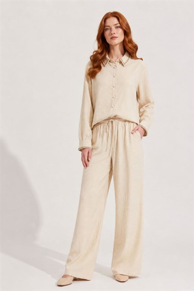 FTZ Women Kadın Taş Detay Keten Takım  Beige 31396