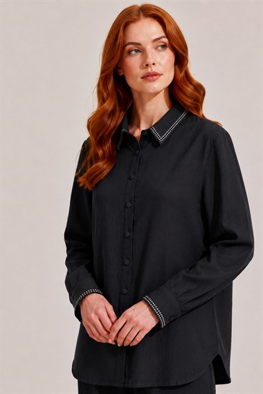 FTZ Women Kadın Taş Detay Keten Takım  Siyah 31396