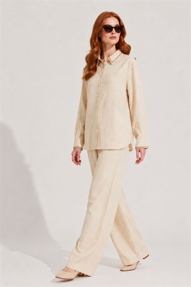FTZ Women Kadın Taş Detay Keten Takım  Beige 31396