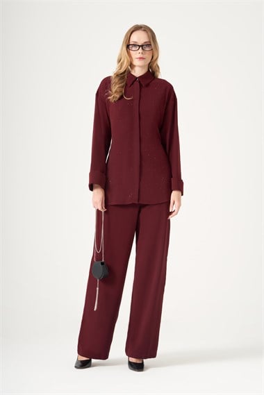 FTZ Women Kadın Taş Detay Pantolonlu Takım  Mürdüm 31540