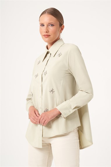 FTZ Women Kadın Taş Detay Poplin Gömlek  Mint 31510