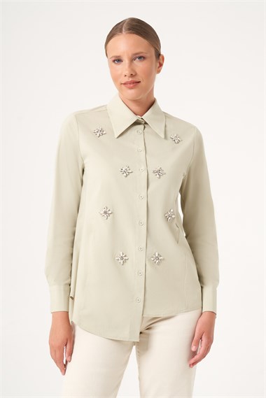 FTZ Women Kadın Taş Detay Poplin Gömlek  Mint 31510