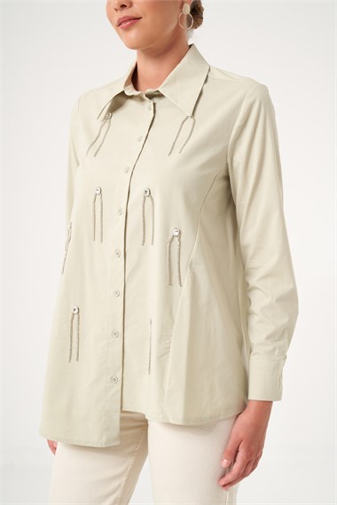 FTZ Women Kadın Taş Detay Poplin Gömlek  Mint 31509