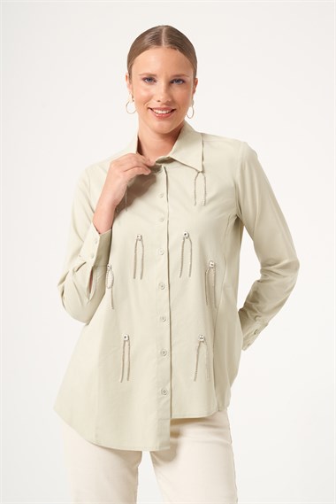 FTZ Women Kadın Taş Detay Poplin Gömlek  Mint 31509