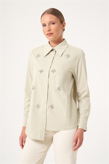 FTZ Women Kadın Taş Detay Poplin Gömlek  Mint 31510