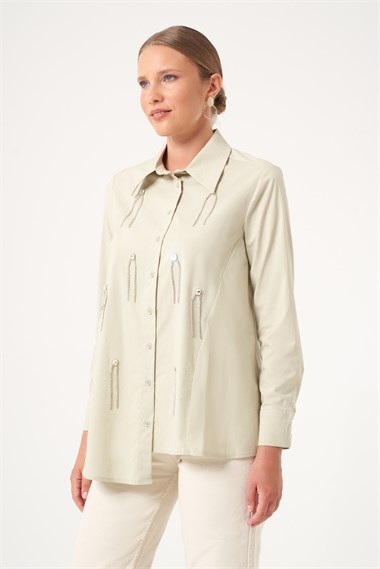 FTZ Women Kadın Taş Detay Poplin Gömlek  Mint 31509