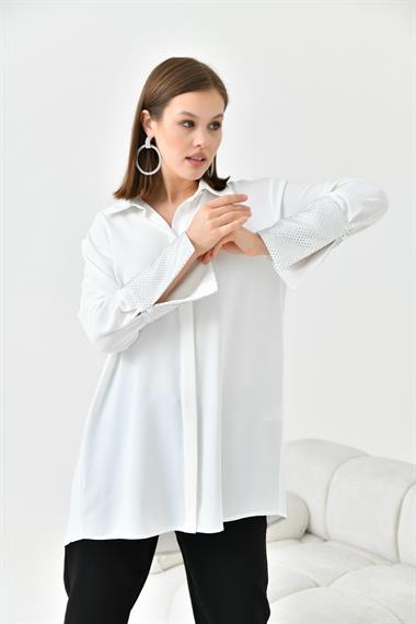 FTZ Women Kadın Taş Detaylı Gömlek  Ekru 30795