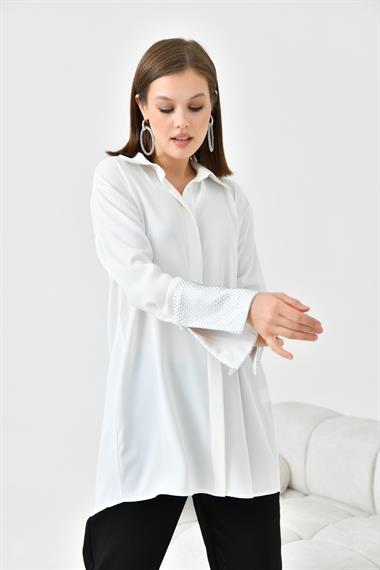 FTZ Women Kadın Taş Detaylı Gömlek  Ekru 30795