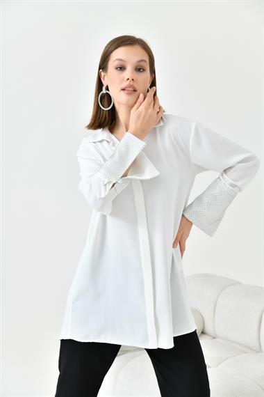 FTZ Women Kadın Taş Detaylı Gömlek  Ekru 30795