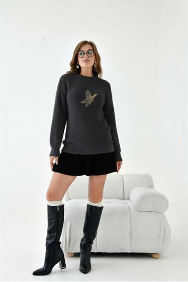 FTZ Women Kadın Taş Detaylı Kazak  Antrasit 20828