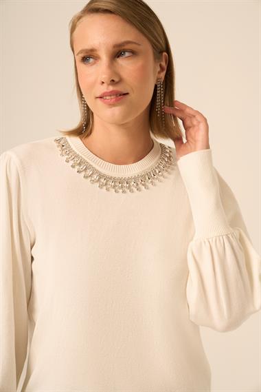 FTZ Women Kadın Taş Detaylı Kazak  Ekru 25050