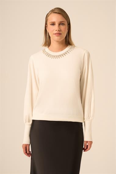 FTZ Women Kadın Taş Detaylı Kazak  Ekru 25050