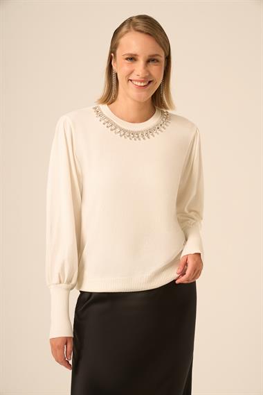 FTZ Women Kadın Taş Detaylı Kazak  Ekru 25050