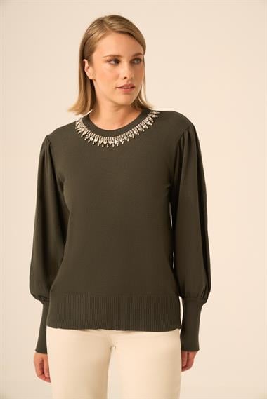 FTZ Women Kadın Taş Detaylı Kazak  Haki 25050