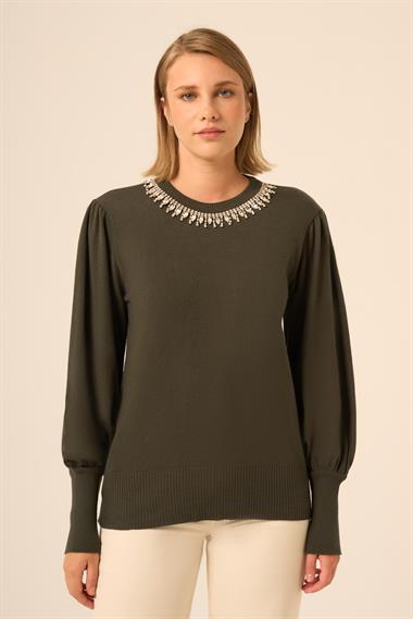 FTZ Women Kadın Taş Detaylı Kazak  Haki 25050