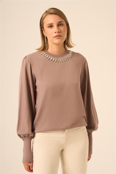 FTZ Women Kadın Taş Detaylı Kazak  Sütlü Kahve 25050
