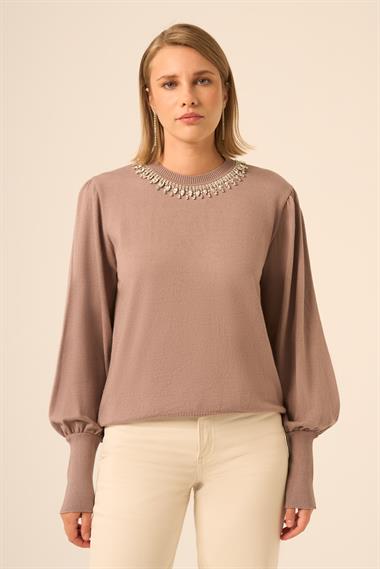 FTZ Women Kadın Taş Detaylı Kazak  Sütlü Kahve 25050