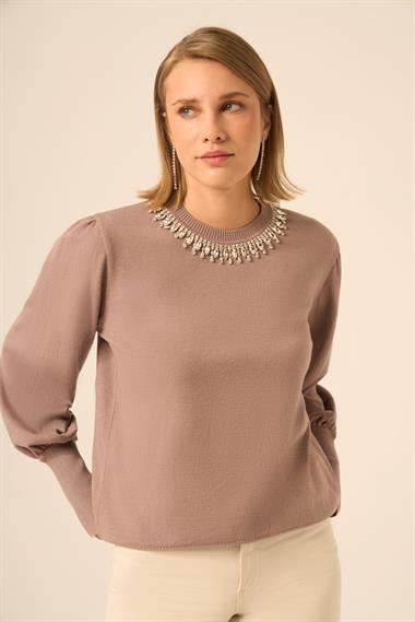FTZ Women Kadın Taş Detaylı Kazak  Sütlü Kahve 25050