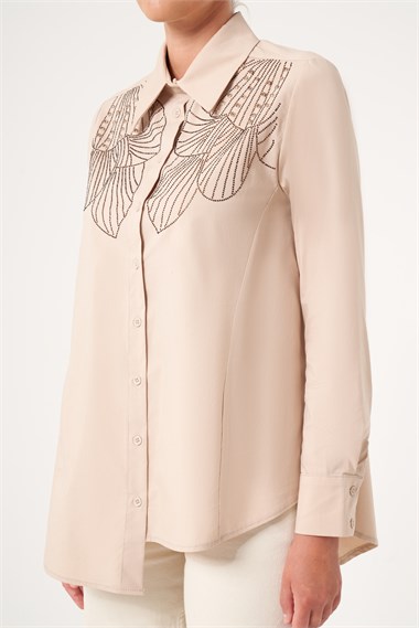 FTZ Women Kadın Taş İşleme Gömlek  Beige 31508