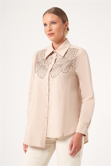 FTZ Women Kadın Taş İşleme Gömlek  Beige 31508