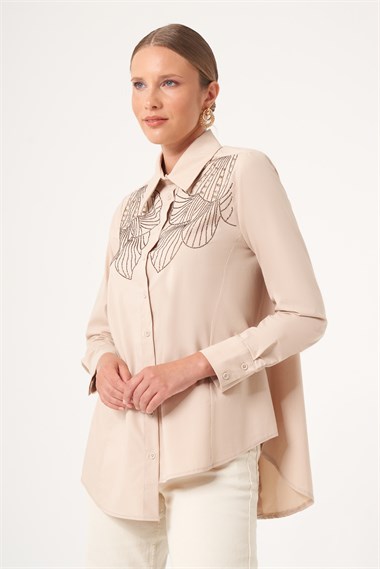 FTZ Women Kadın Taş İşleme Gömlek  Beige 31508