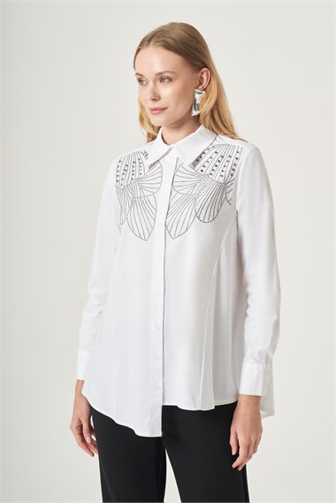 FTZ Women Kadın Taş İşleme Gömlek  Beyaz 31508