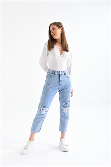 FTZ Women Kadın Taşlı Jean Pantolon  Mavi RBN3065