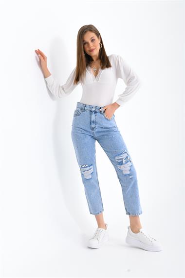 FTZ Women Kadın Taşlı Jean Pantolon  Mavi RBN3065