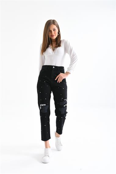 FTZ Women Kadın Taşlı Jean Pantolon  Siyah RBN3065