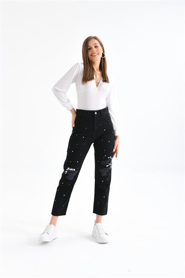 FTZ Women Kadın Taşlı Jean Pantolon  Siyah RBN3065