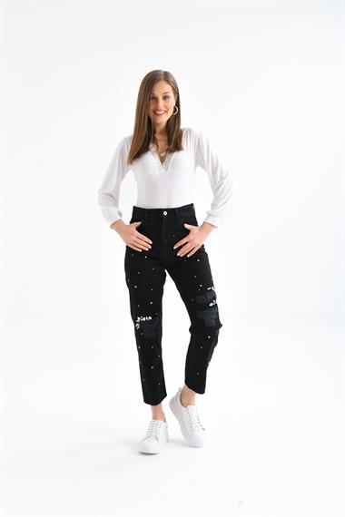 FTZ Women Kadın Taşlı Jean Pantolon  Siyah RBN3065