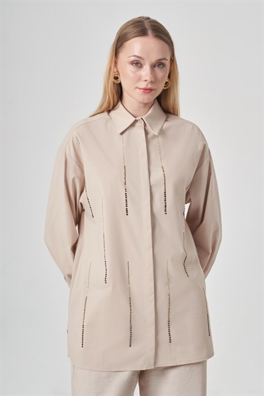 FTZ Women Kadın Taşlı Poplin Gömlek  Beige 31440