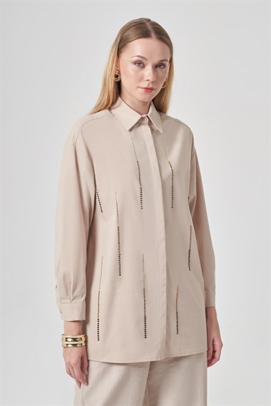 FTZ Women Kadın Taşlı Poplin Gömlek  Beige 31440