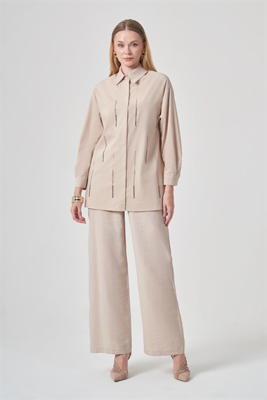 FTZ Women Kadın Taşlı Poplin Gömlek  Beige 31440