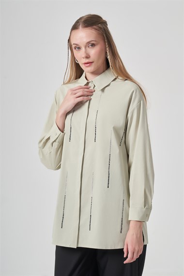FTZ Women Kadın Taşlı Poplin Gömlek  Mint 31440