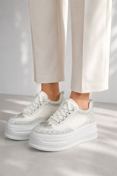 FTZ Women Kadın Taşlı Yüksek Taban Spor Ayakkabı  Ekru AYK015