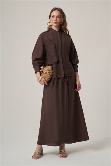 FTZ Women Kadın Tencel Keten Etekli Takım  Kahve 31382